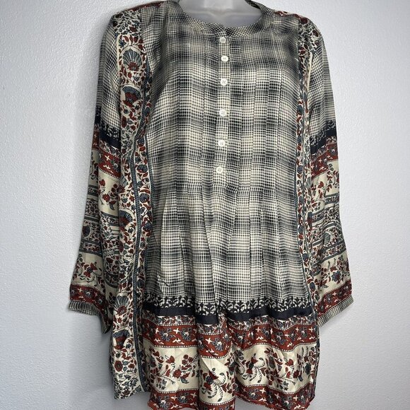 NWT Coldwater Creek SZ PL Silk Long Sleeve Button Front Tunic Blouse Blue Red - Picture 1 of 11